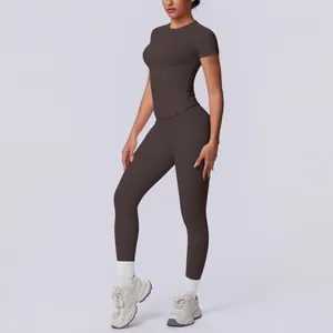 Premium nahtloses braunes Kurzarm-Top und High-Waist-Leggings Yoga-Set für Damen