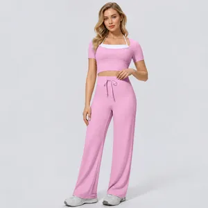 Women's Sports Yoga Set With Built-in Chest Pad Short Sleeve Patchwork Halter Top And Wide Leg Drawstring Running Trousers Nylon Spandex Breathable Activewear