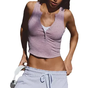 Slim fit Henley neck cropped sports tank top for women for yoga and pilates exercise