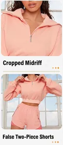Vue détaillée de l'ensemble sweat-shirt court à fermeture éclair et short pêche