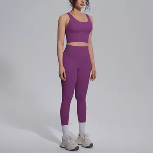 Full-body view of professional purple naked feel V-neck yoga set with high waist leggings