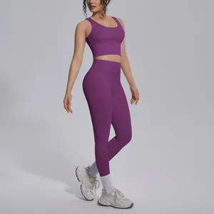 Professional full body view of purple V-neck yoga set showing seamless high-waist leggings