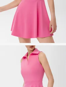 Vista detallada de un vestido de tenis rosa sin mangas con cuello polo y ajuste fino