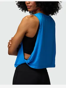 Back view of a blue loose sleeveless sports tank top for women's yoga and running