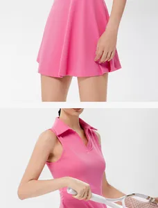 Vista detallada de un vestido de tenis rosa tipo polo con el cuello y vuelo de falda