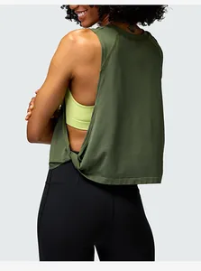 Detailed back view of a loose green sports tank top with a stylish side knot design.