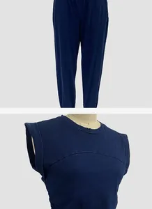 Close-up of navy blue sleeveless top and pants from a casual two-piece women's set.