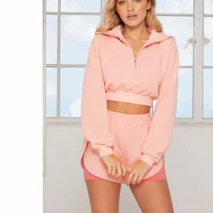 Ensemble Sportif Décontracté à Couleur Unie pour Femmes Sweat-shirt Court à Manches Longues et Demi-fermeture Éclair et Short Faux Deux Pièces en Mélange de Coton Haut et Bas