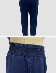Detailed macro view of the navy blue elastic waistband and pant legs fabric texture.