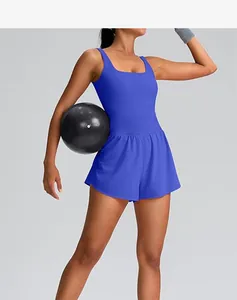 Professional one-piece sleeveless blue tennis dress with shorts for yoga and sports