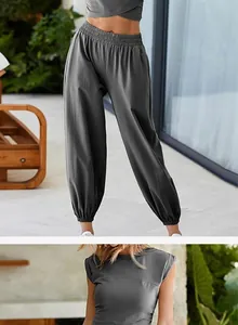 Detail view of a grey women's two-piece leisure set with sleeveless top and joggers.