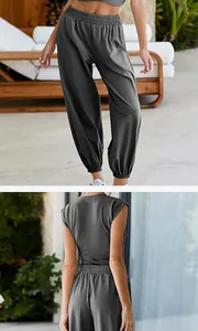 Detailed front and back views of charcoal grey two-piece sleeveless lounge set for women