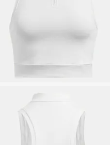 Nahaufnahme eines weißen bauchfreien Sport-Tops mit Reißverschluss und Stehkragen.