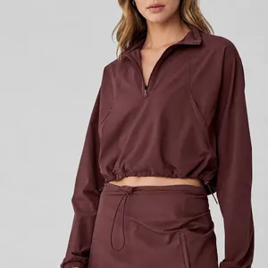 Women's Half-Zip High Neck Athletic Sweatshirt Top And Anti-Exposure Drawstring Running Shorts Skort Bottom Casual Sports Set