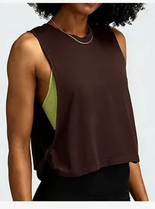 Loose fit dark brown sleeveless muscle tank top for women's gym training and yoga