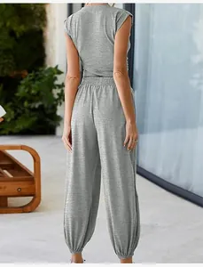 Back view of a grey two-piece casual lounge set with sleeveless top and joggers