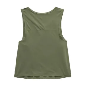 Crop top de yoga sans manches vert olive pour femmes, vue arrière du gilet de fitness sport