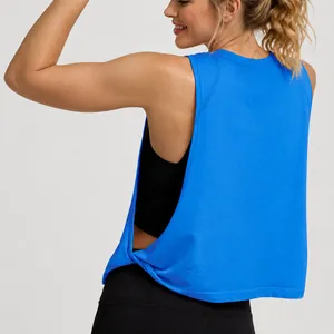 Women's loose sleeveless blue sports tank top for running yoga and fitness training