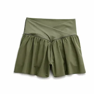 Falda pantalón de yoga para mujer con cintura cruzada en verde oliva y tela elástica de secado rápido