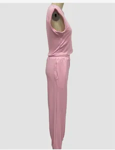 Detailed side view of a pink sleeveless crop top and matching pocket jogger set.