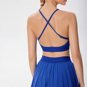 Soutien-Gorge de Sport Dos Croisé et Jupe de Tennis Plissée pour Femmes Nylon Élasthanne Respirant Fitness Top And Bottom