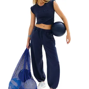 Women's two-piece navy blue sportswear set with short sleeveless top and joggers