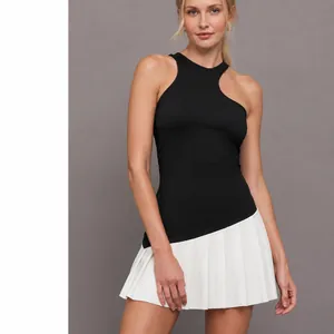 Damen Ballett-Stil Tenniskleid Ärmellos Schnelltrocknend Einteiler Plissee-Rock Für Gym Badminton Sport Top Und Bottom