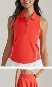 Vue détaillée d'un polo de tennis orange sans manches vibrant avec liseré blanc et fermeture