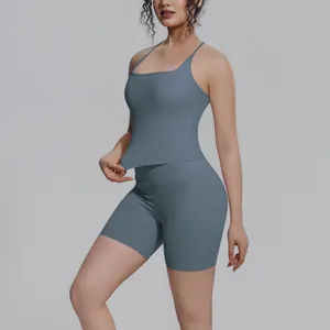 Gedempt blauwgrijs tweedelig yoga-set met tanktop met vierkante hals en biker-shorts