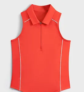 Vue détaillée d'un débardeur de yoga polo orange sans manches avec fermeture éclair et liseré.