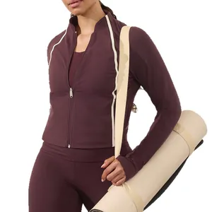 Professional women's burgundy yoga suit set featuring a slim-fit jacket and matching leggings