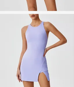 Close-up of a stylish lavender quick-dry tennis dress featuring an elegant side slit