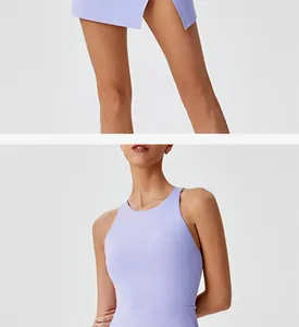 Close-up detail of purple quick-dry athletic dress featuring a side slit and round neckline