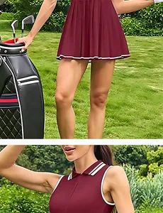 Detailansicht burgunderrotes ärmelloses Golfkleid mit Polokragen und Faltenrock