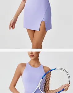 Detail view of lavender split tennis dress showing upper fit and hemline slit detail