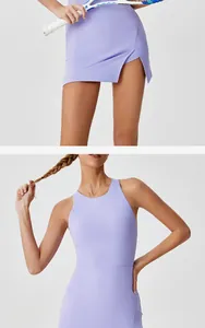 Detailed view of a lavender athletic dress featuring side slit and backless design