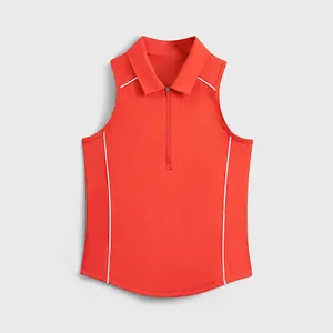 Red sleeveless slim-fit yoga tank top with polo collar and contrast piping for tennis