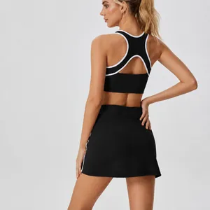 Women High Waist Tennis Skirt Set Contrast Piping Quick Dry Nylon Spandex Sports Yoga Fitness Activewear Top And Bottom