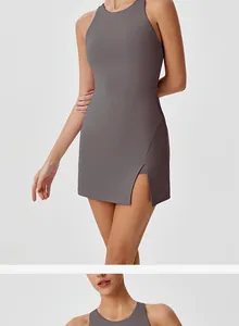 Close-up of gray quick-dry tennis dress featuring a stylish side slit and slim fit