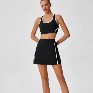 High waist quick-dry women's tennis skirt sports set with elegant contrast piping design