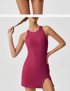 High-neck quick-drying magenta sports dress with side slit detail for tennis and yoga