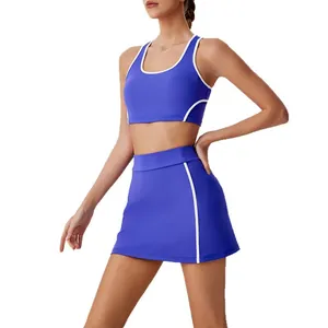 Blue high-waist tennis skirt set with quick-dry sports bra for fitness and yoga