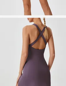 Detailed back view of purple cross-back sports dress for tennis and yoga