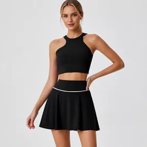 Ensemble débardeur de yoga licou asymétrique noir et jupe de tennis plissée sport