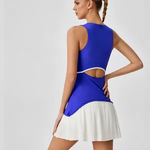 Dames Eendelig Tennispak Sneldrogend Mouwloze Sportrok Holle Rug Geplooid Yoga Jumpsuit Top And Bottom Sportkleding