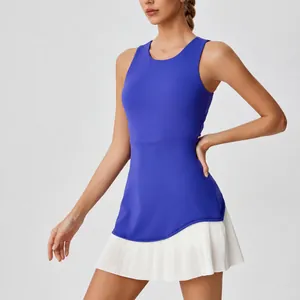 Blauw-witte sneldrogende sport-tennisjurk met geplooide zoom voor dames