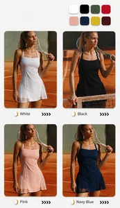 Detail of athletic tennis dress with mesh stitching shown in white, black, pink and navy