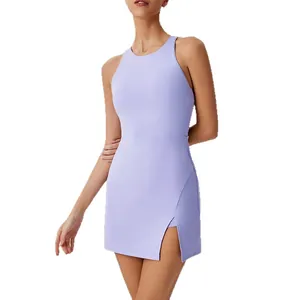 Elegant lavender quick-dry athletic dress with a front slit for tennis and yoga.