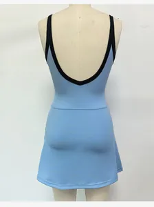 Rear view detail of women's light blue U-back tennis dress with black contrast trim