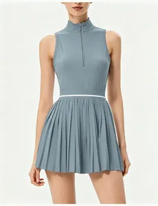 Vestido de tenis atlético gris azulado con cremallera frontal y falda plisada para mujer